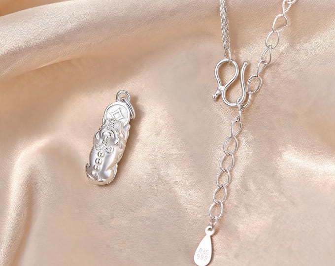 S999 Fine Silver Minimalist Pixiu Pendant Necklace, Spiritual Wealth Beast Protection Amulet with Adjustable Woven Chain Gift for Her