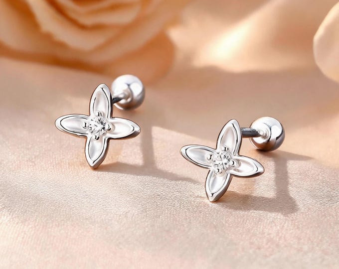 Dainty 999 Silver Floral Screw Back Stud Earrings, Mini CZ Flower Design, Minimalist Style, Daily Wear Jewelry, Gift for Friend & Self