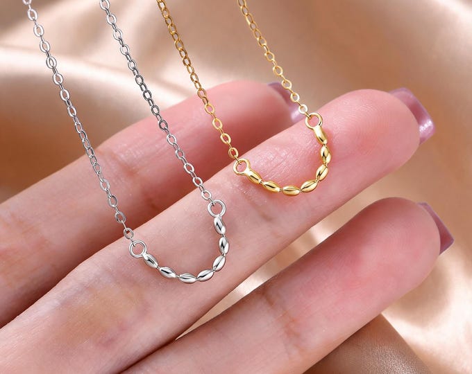 S925 Fine Silver Minimalist Rice Bead Necklace, Dainty Curved Bar Choker, Gold or Silver Adjustable Chain Gift for Her
