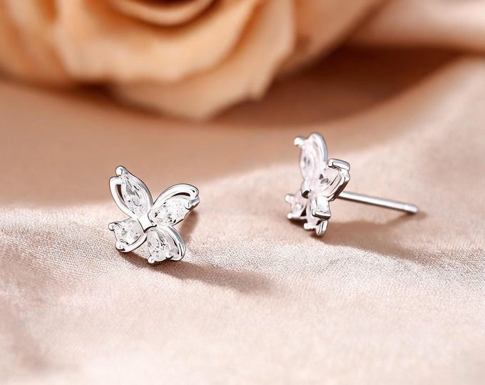 S999 Sterling Silver Marquise CZ Butterfly Stud Earrings, Dainty Jewelry Gift for Yourself or Best Friend's Birthday.