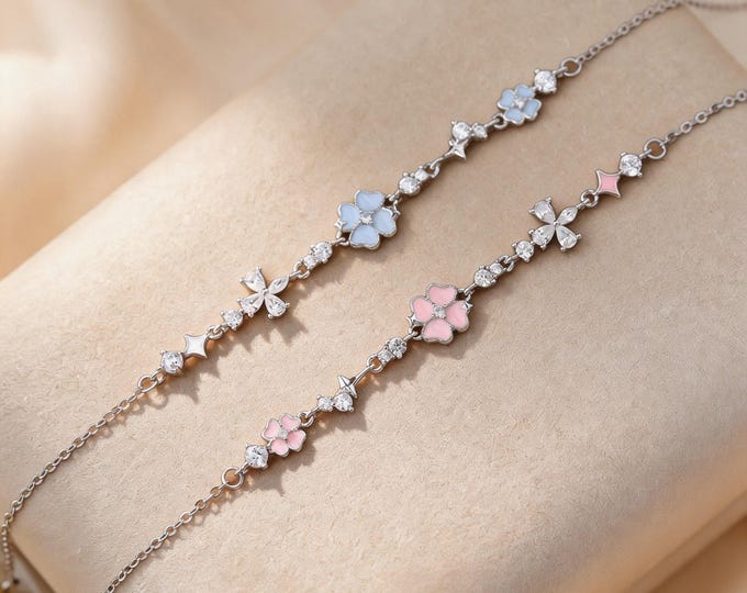 Dainty S925 Silver Charm Bracelet with Colorful Enamel Flowers, Sparkling Zirconia, Perfect Anniversary Gift for Her Girlfriend