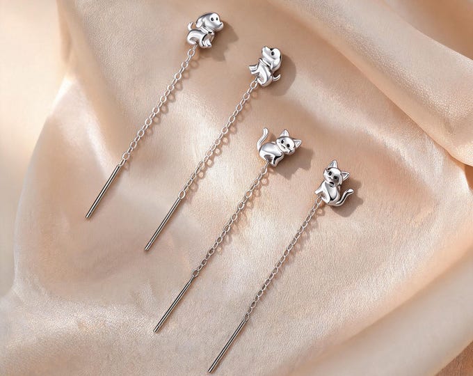 Sweet S925 Silver Cat and Dog Threader Earrings, Cute Animal Chain Dangle, Minimalist Jewelry Gift for Her Daily Outfits