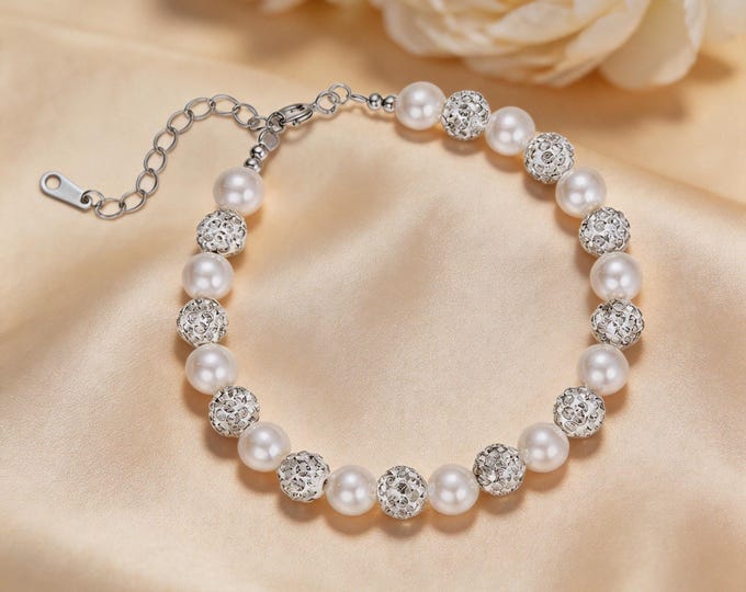 Minimalist Pearl Bracelet in Sterling Silver 925, Sparkly Micro Pave CZ Pearl Chain, Dainty Everyday Silver Jewelry, Anniversary Gift