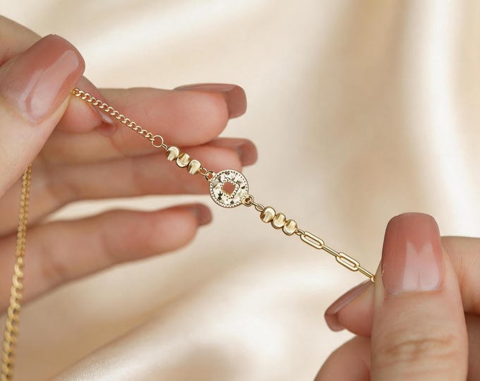 S925 Sterling Silver Lucky Coin Bracelet 18K Gold Plated, Dainty Gold Bead Charm Bracelet, Minimalist Jewelry Gift for Her, Adjustable