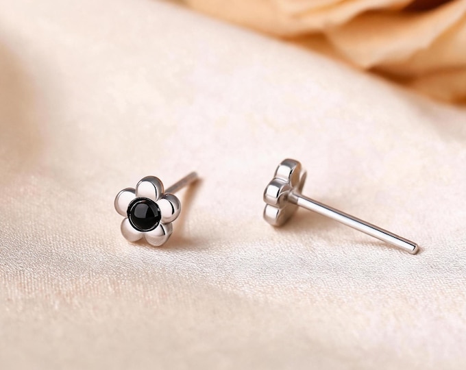 999 Fine Silver Black Onyx Flower Stud Earrings, Dainty Mini Floral Design, Minimalist Style, Daily Fine Jewelry,Gift for Best Friend & Self