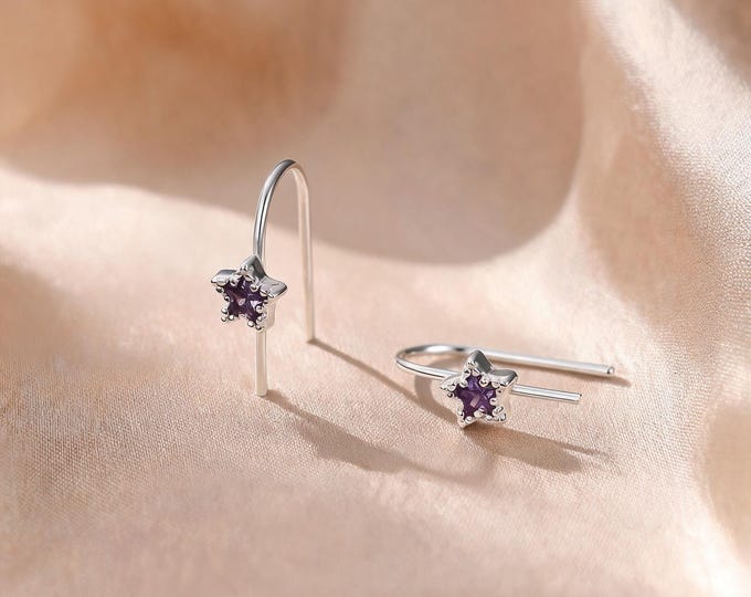Elegant and Sweet S999 Sterling Silver Purple Star Threader Hook Earrings, Minimalist Celestial Jewelry Gift for Her and Women's Daily Wear.