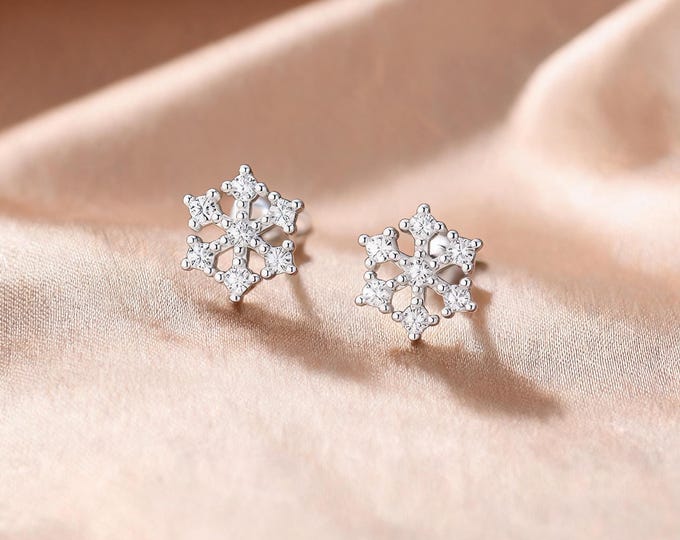Elegant Minimalist S999 Sterling Silver Snowflake Stud Earrings with Sparkling CZ Stones and Screw Back, Sweet Gift for Her Winter Style.