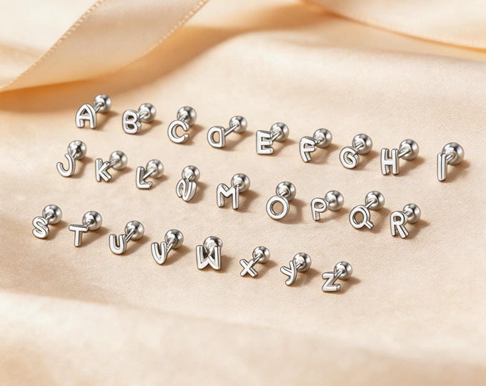 Solid S999 Sterling Silver A-Z Initial Letter Screw Back Stud Earrings, Personalized Birthday Jewelry Gift for Best Friend or Girlfriend.
