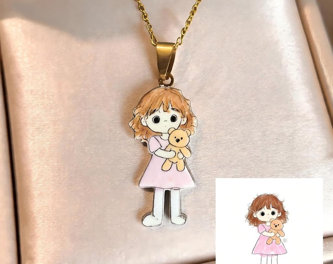 Custom Kids Drawing Jewelry, 304 Stainless Steel Pendant Necklaces, Personalized Child Art Keepsake, Family Anniversary Warm Gift