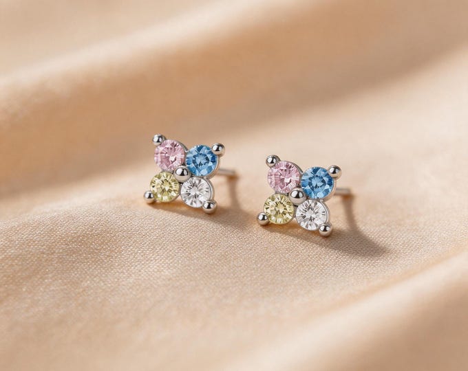 Charming Minimalist S925 Sterling Silver Four Stone Stud Earrings with Colorful CZ Daisy Flower Design, Sweet Jewelry Gift for Her Everyday