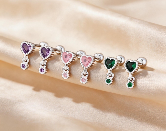 Solid S999 Sterling Silver Heart CZ Drop Screw Back Stud Earrings, Cute Romantic Anniversary Birthday Jewelry Gift for Her or Sister.