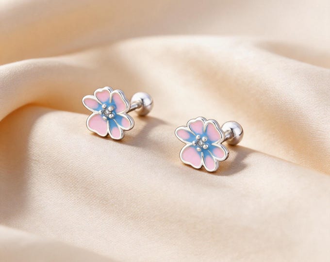 Elegant S999 Sterling Silver Pastel Enamel Flower Stud Earrings with Sparkling CZ Center, Sweet Birthday Jewelry Gift for Daughter or Niece.