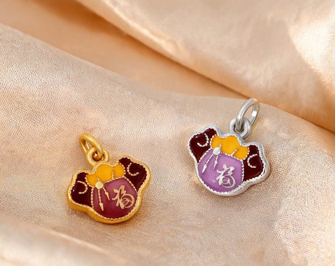 Premium S999 Sterling Silver Fu Character Safety Lock Charm Pendant with Enamel for DIY Necklace Bracelet Earring Jewelry Making Supplies