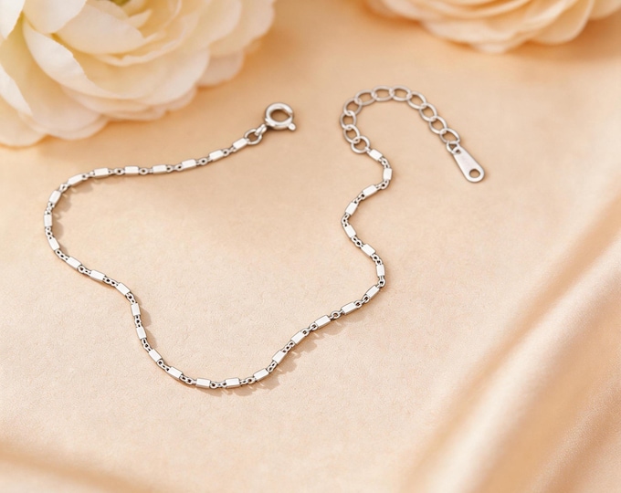 S925 Sterling Silver Cube Bracelet Dainty Minimalist Square Bead Chain for Women, Sparkly Shimmering Silver Jewelry, Adjustable Gift for Her