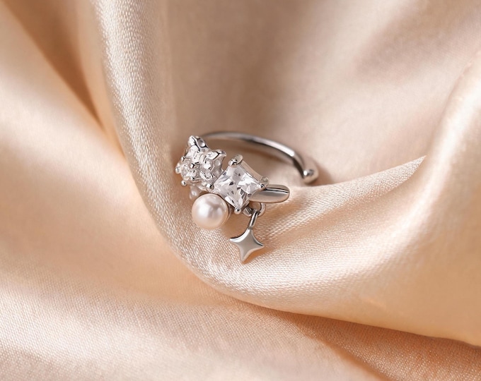 Solid S925 Sterling Silver Star Charm Ear Cuff, Dreamy No Piercing Cuff Earring, Romantic Birthday or Anniversary Gift for Her Special Day.