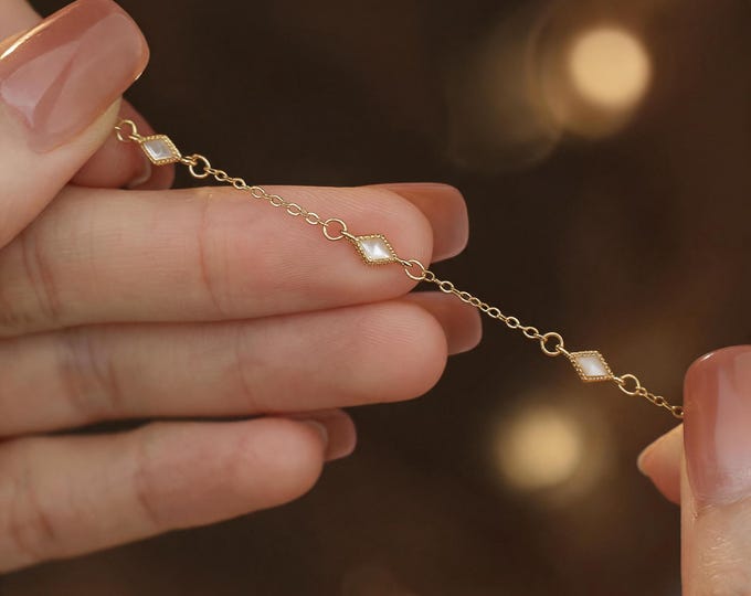 Elegant S925 Silver Diamond Mother of Pearl Bracelet, Gold Silver Options, Minimalist Dainty Jewelry Gift for Her Anniversary