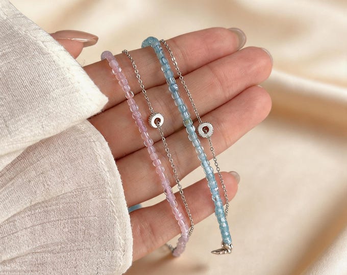 S999 Fine Silver Double Layer Bracelet with Natural Topaz White Crystal, Lucky Wheel Charm, Adjustable Dainty Gemstone Jewelry Gift for Her