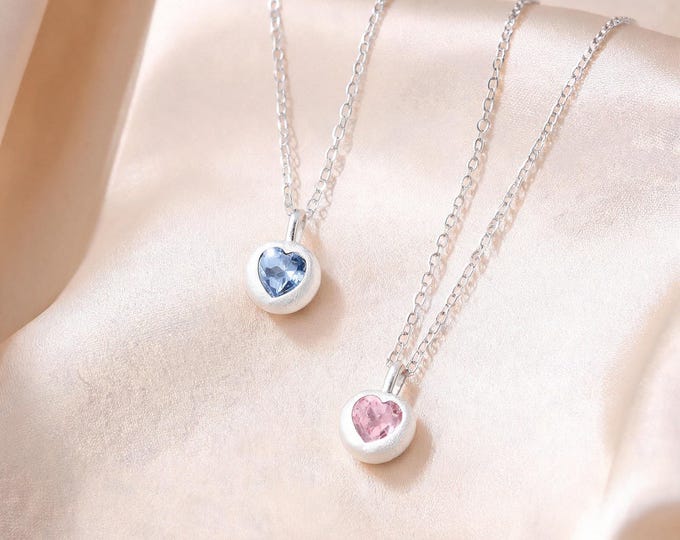 999 Fine Silver Textured Round Bezel Heart Cut Zirconia Necklace, Adjustable 40cm+5cm Chain, Blue or Pink Minimalist Gift for Her