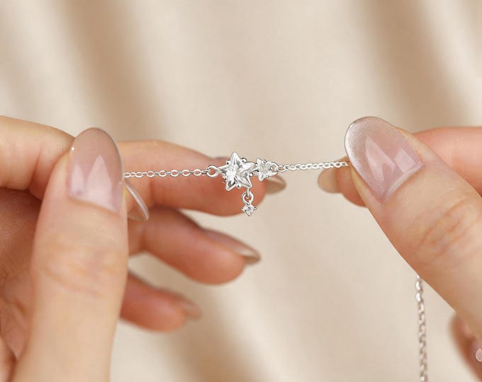 S999 Fine Silver Star Bracelet, Dainty Micro Pave Zircon Star Chain, Celestial Minimalist Jewelry for Women, Adjustable Star Jewelry Gift