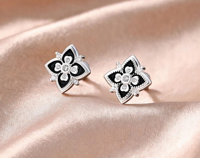 Exquisite Retro S999 Sterling Silver Black Enamel Flower Stud Earrings with Sparkling CZ and Secure Screw Back, Sweet Jewelry Gift for Her
