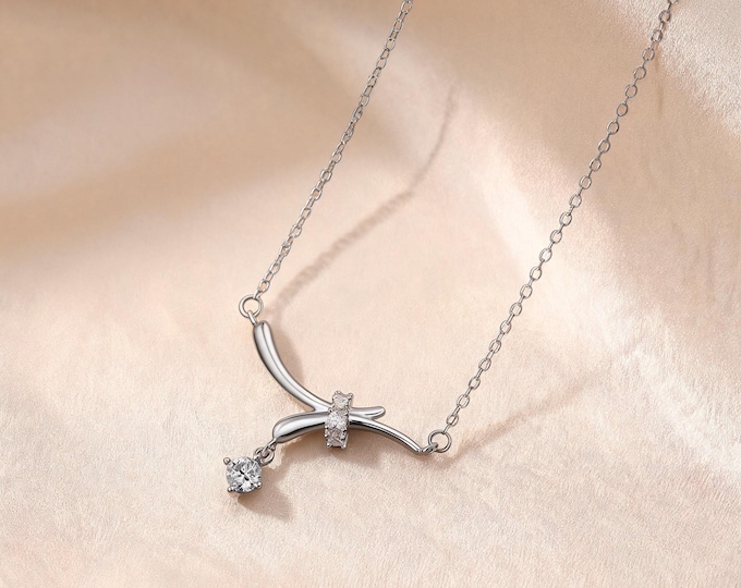 S925 Sterling Silver Double Arc Knot Pendant Necklace, Micro Zirconia Curved Bar with Floating Drop Charm, Minimalist Jewelry Gift