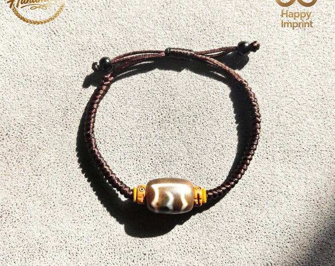 Natural Authentic 3 Eyed Dzi Bead Bracelet | Meditation Dzi Bead Bracelet | Rare Antique Agate Bracelet | Spiritual Energy Talisman