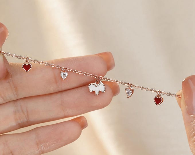Rose Gold S925 Silver Dog Heart Bracelet - Mother of Pearl, Red Agate & CZ Charms, Dainty Pet Lover Gift, Adjustable Chain for Women