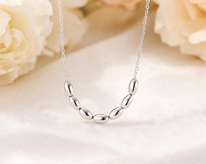 S999 Sterling Silver Minimalist 7 Rice Bead Necklace, Dainty Lucky Charm Choker with Extender