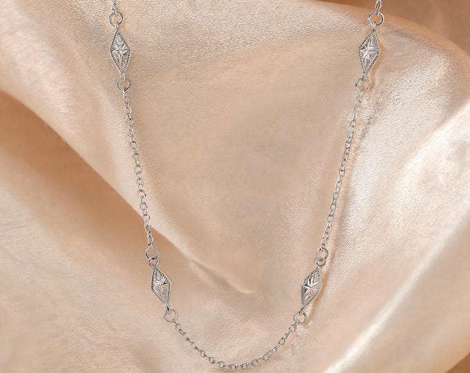 Minimalist S925 Sterling Silver Diamond Shaped Starburst Link Choker Necklace, Dainty Adjustable Fine Chain Fashion Jewelry Gift for Women