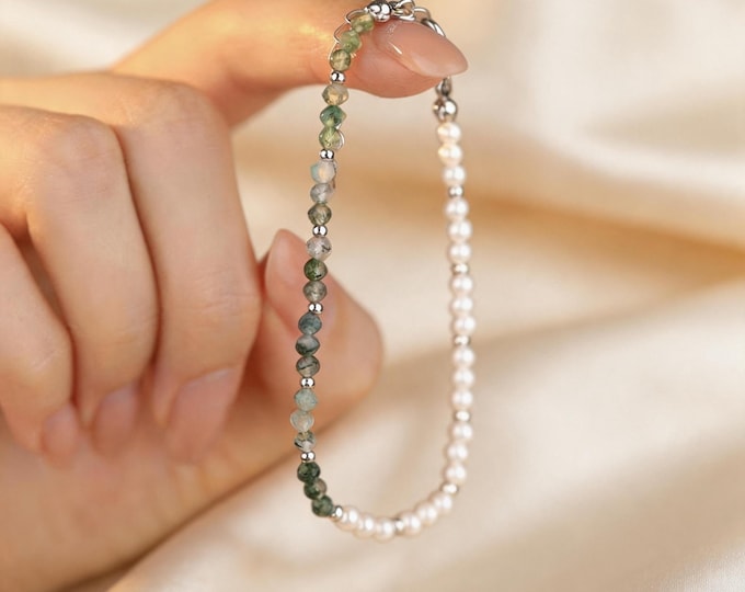S925 Sterling Silver Natural Green Agate Pearl Bracelet, Dainty Gemstone Station Chain, Minimalist Everyday Jewelry, Gift for Her