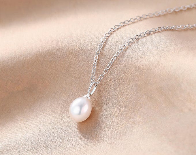 S999 Fine Silver Natural Freshwater Pearl Pendant Necklace, Dainty Minimalist Adjustable Chain Jewelry Gift for Her Women