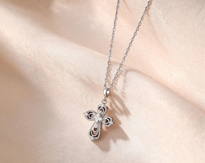 S925 Fine Silver Filigree Cross Pendant Necklace, Micro-set Zirconia Vintage Style Charm, Dainty Adjustable Chain Gift for Her Women