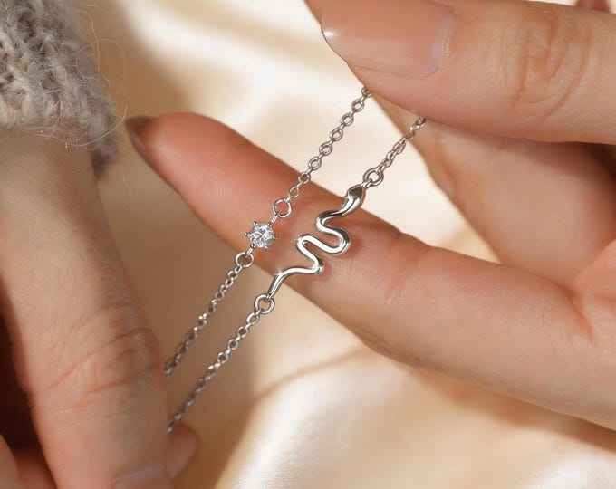 S999 Fine Silver Shimmering Snake Bracelet - Delicate Double Layer Design, Micro Pave Serpent Charm, Dainty Adjustable Birthday Gift
