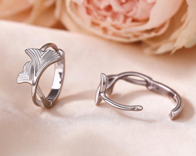 Minimalist Ginkgo Leaf Huggie Hoop Earrings, Solid 925 Sterling Silver Textured Studs, Dainty Daily Jewelry, Gift for BFF & Self