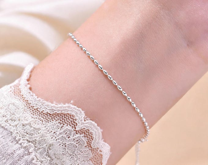 S925 Sterling Silver Rice Bead Chain Bracelet, Minimalist Adjustable Bracelet, Anniversary Birthday Gift for Wife Girlfriend