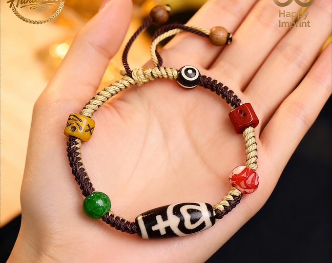 Tibetan Agate Dzi Bead Bracelet Woven Knot Protective Amulets Bracelet Bring Luck Abundance & Prosperity Ward off Evil Spiritual Gifts