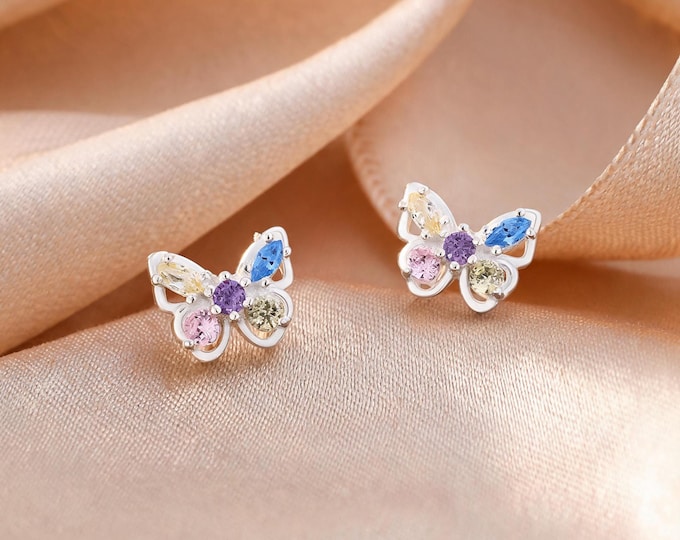 S999 Sterling Silver Multicolor CZ Butterfly Screw Stud Earrings, Dreamy Sweet Jewelry Gift for Daughter or Girlfriend's Birthday.