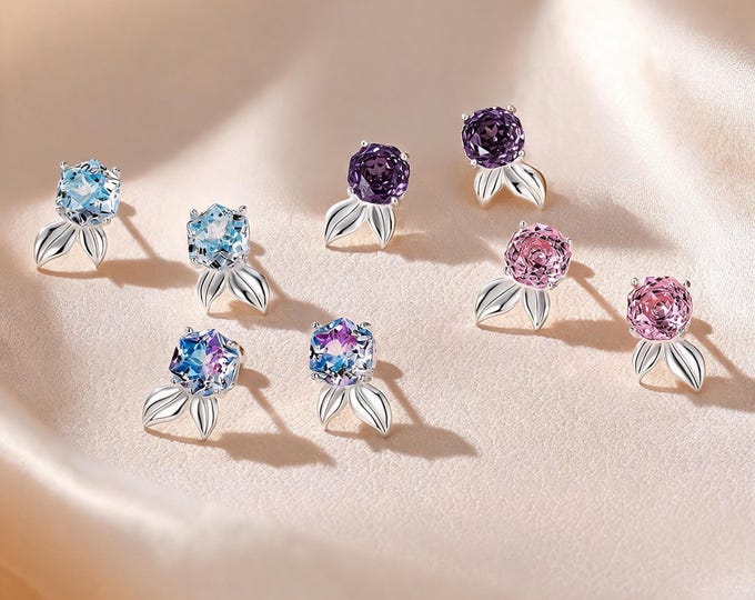 An Elegant S999 Sterling Silver Fish Tail Stud Earrings with Multicolor Rose Zirconia Gems, Sweet Ocean Inspired Jewelry Gift for Women