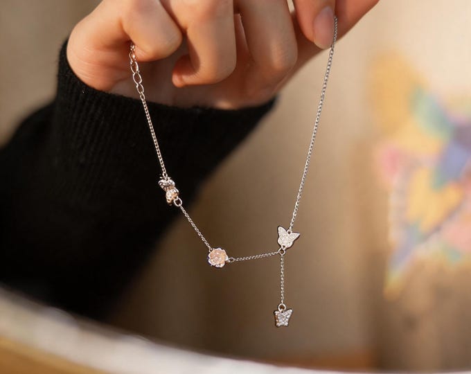 S925 Sterling Silver Butterfly & Rose Bracelet - Dainty Micro Pave Zircon Floral Bracelet for Women, Minimalist Shimmering Anniversary Gift