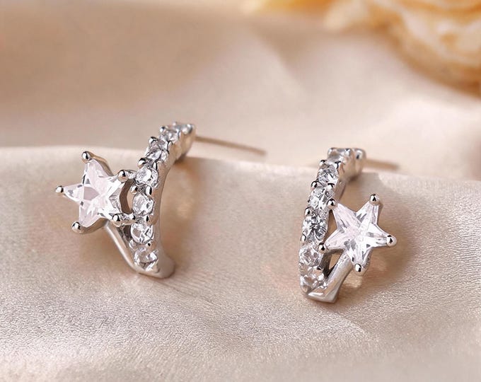 Dainty 925 Sterling Silver C Shape Star Stud Earrings, Paved Zircon Minimalist Sparkly Ear Jewelry, Lovely Gift for BFF or Yourself