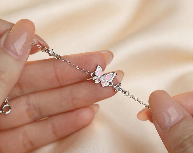 S925 Sterling Silver Colorful Enamel Butterfly Bracelet - Dainty Micro Pave CZ Wing Charm, Adjustable Dainty Jewelry, Sweet Gift for Her