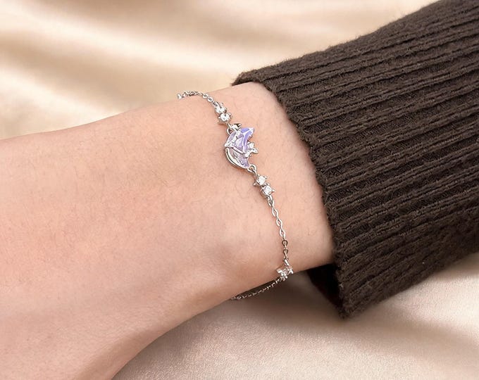 S925 Silver Moon Bracelet with Iridescent Glass Charm, Dainty Chain Jewelry, Birthday Anniversary Gift for Wife Girlfriend