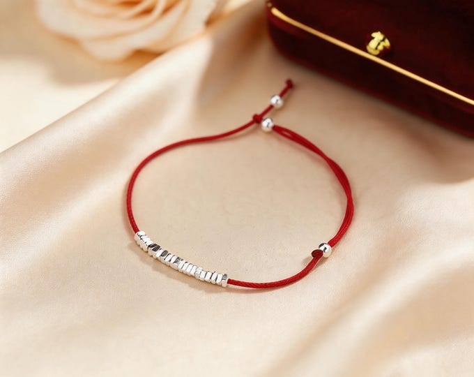 S925 Sterling Silver Lucky Red String Bracelet - Minimalist Adjustable Braided Cord with 2mm Silver Cubes, Dainty Protection Gift for Women