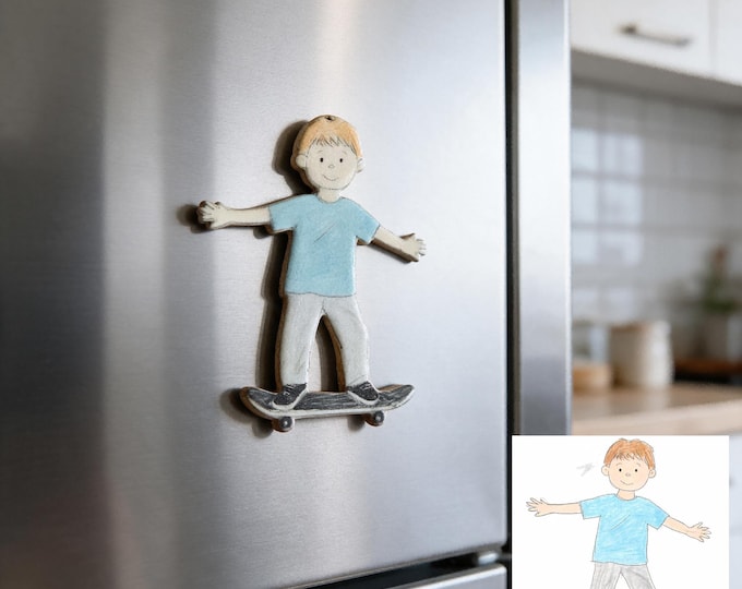 Custom Kids Drawing Boy Skateboard Fridge Magnet, Stainless Steel Necklace Charm Keychain Zipper Charms, Unique Personalized Gift for Son