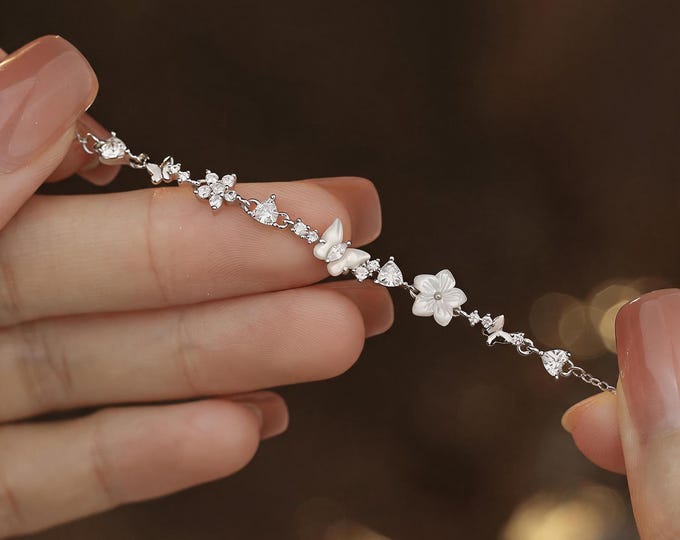 Dainty S925 Silver Bracelet with Mother of Pearl Flower and Butterfly Charms, Micro Zirconia Accents, Elegant Gift for Her Wife Girlfriend