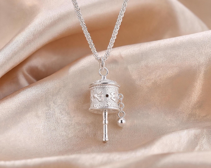 S999 Fine Silver Minimalist Prayer Wheel Pendant Necklace, Spiritual Protection Charm with Adjustable Rope Chain Gift for Her