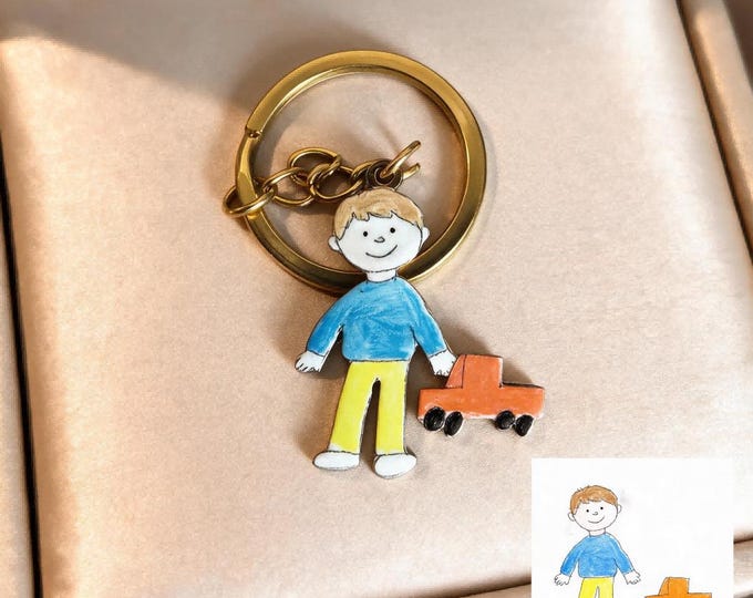 Custom Boys Drawing Charm, Stainless Steel Necklace Pendant Keychain Fridge Magnet, Personalized Child Art Keepsake for Dad