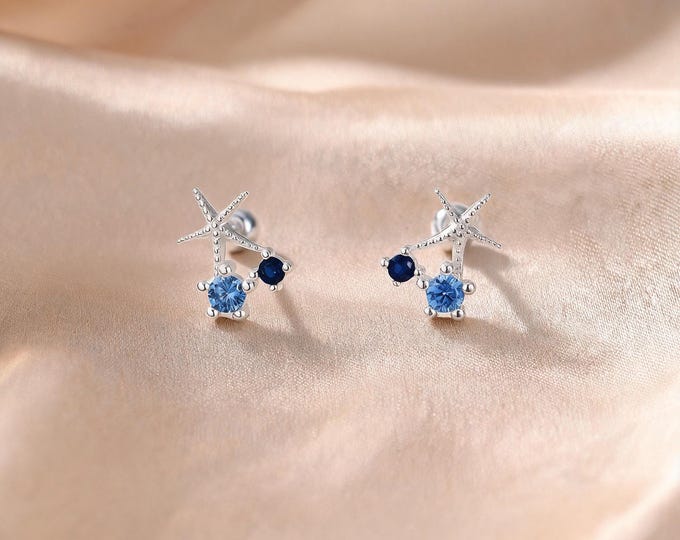 Adorable S999 Silver Star Dangle Earrings with Light and Dark Blue Zirconia Stones, Sweet Celestial Jewelry Gift for Her Daily Wear Style