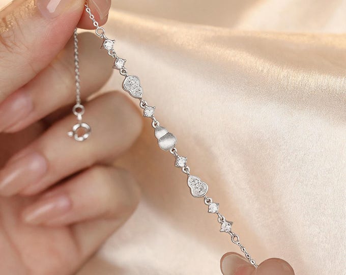 Elegant S999 Sterling Silver Gourd Bracelet with Micro Pave Zirconia, Adjustable Chain, Perfect Gift for Wife Girlfriend Anniversary