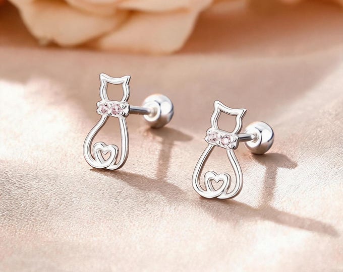 Pink CZ Hollow Cat Screw Studs, 999 Fine Silver Earrings, Cute Mini Animal Design, Daily Fine Jewelry, Gift for Bestie & Self